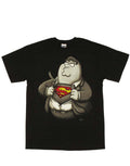 Family Guy Peter Griffin Superman graphic on a black adult t-shirt.