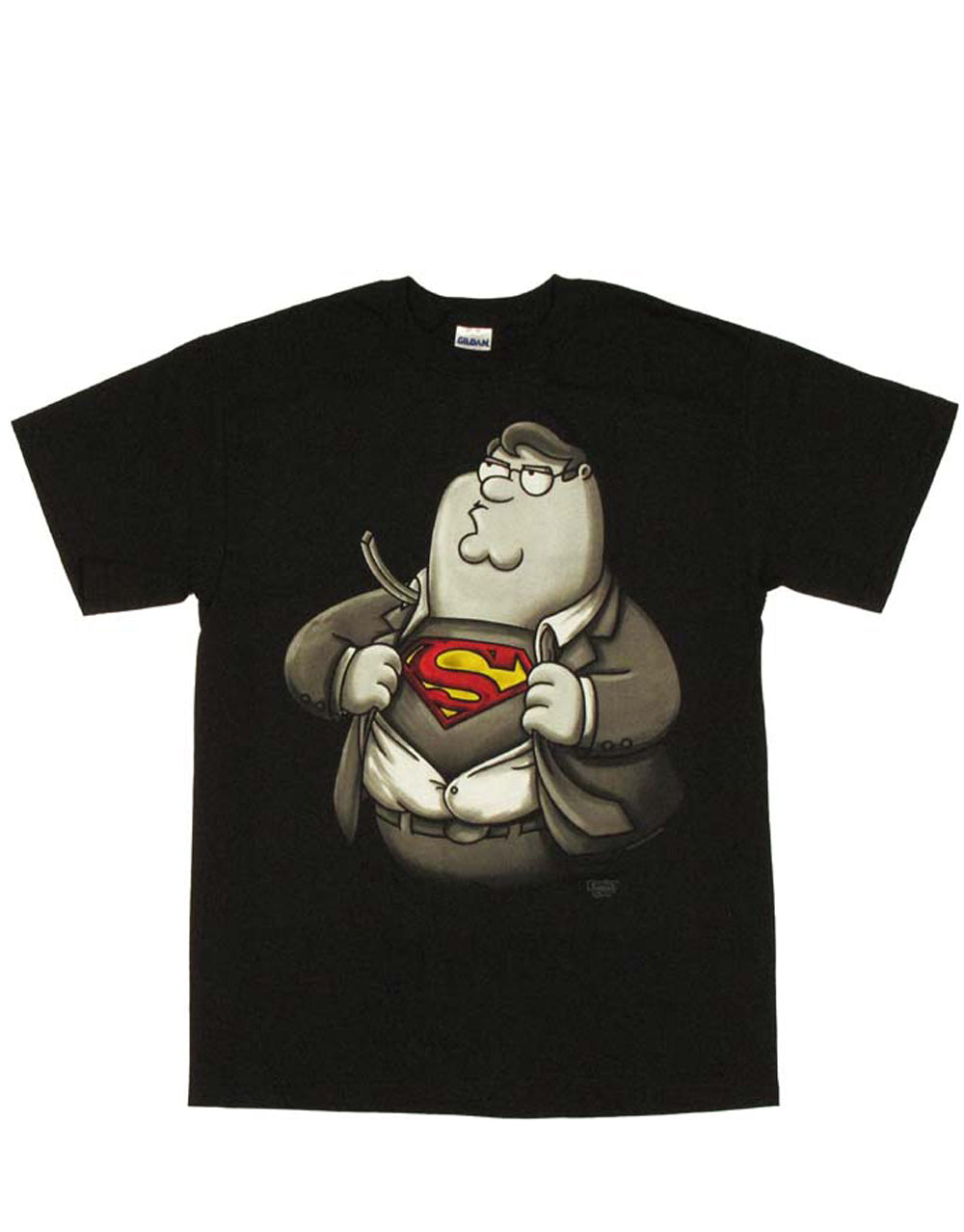 Family Guy Peter Griffin Superman graphic on a black adult t-shirt.