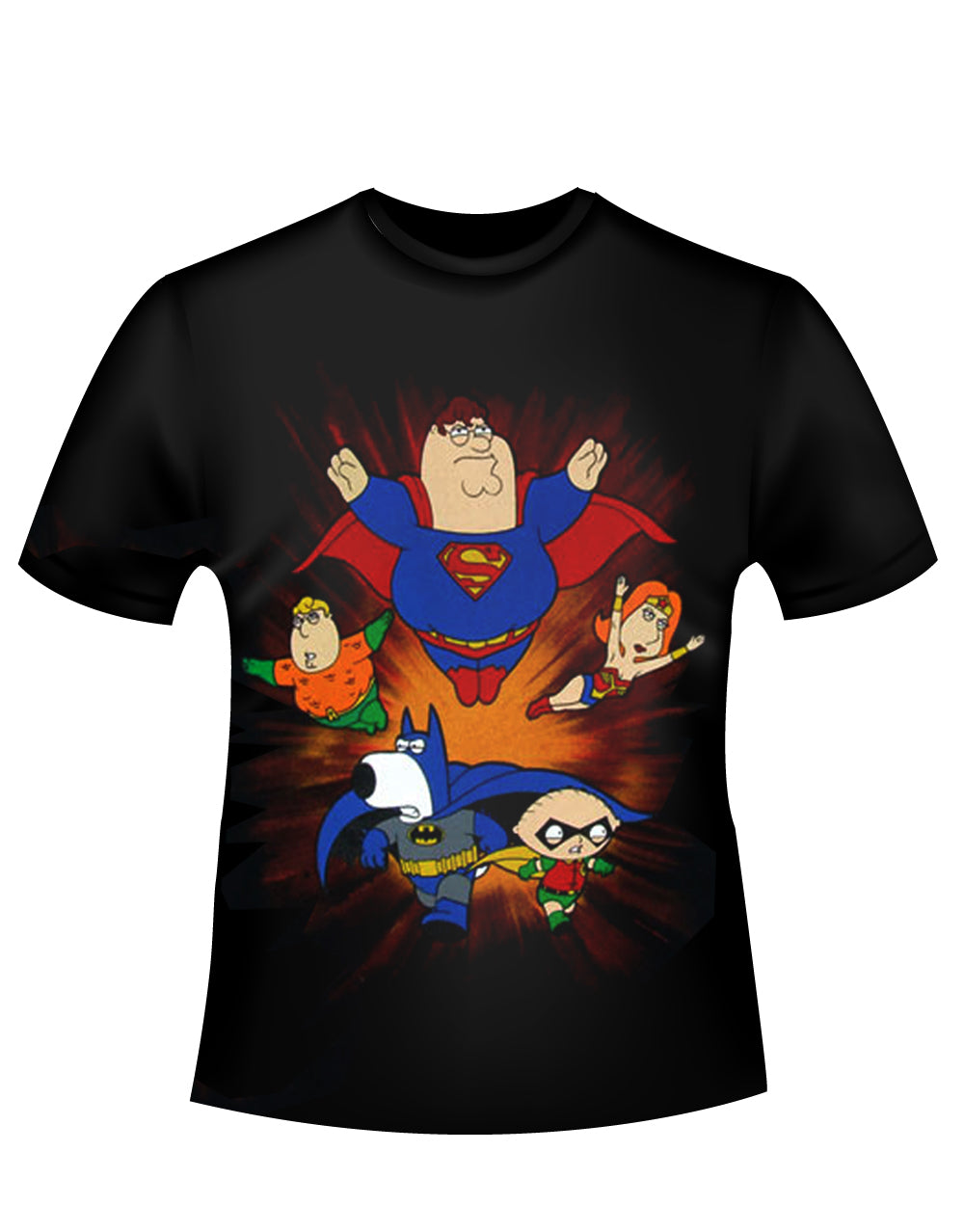 Peter Griffin super crew graphic on a black adult t-shirt.