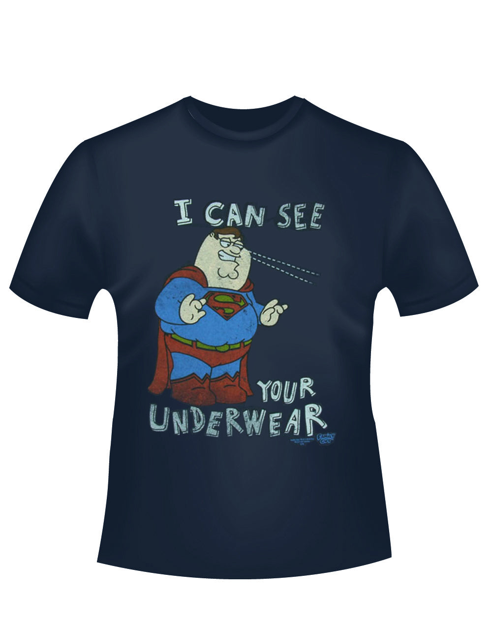 Peter Griffin Superman vision graphic on a navy blue adult t-shirt.