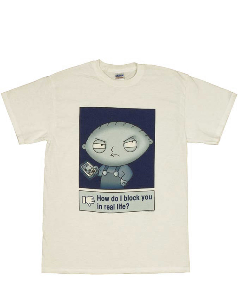 Stewie block graphic on a white adult t-shirt.