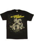 Peter Griffin vs chicken graphic on a black adult t-shirt.
