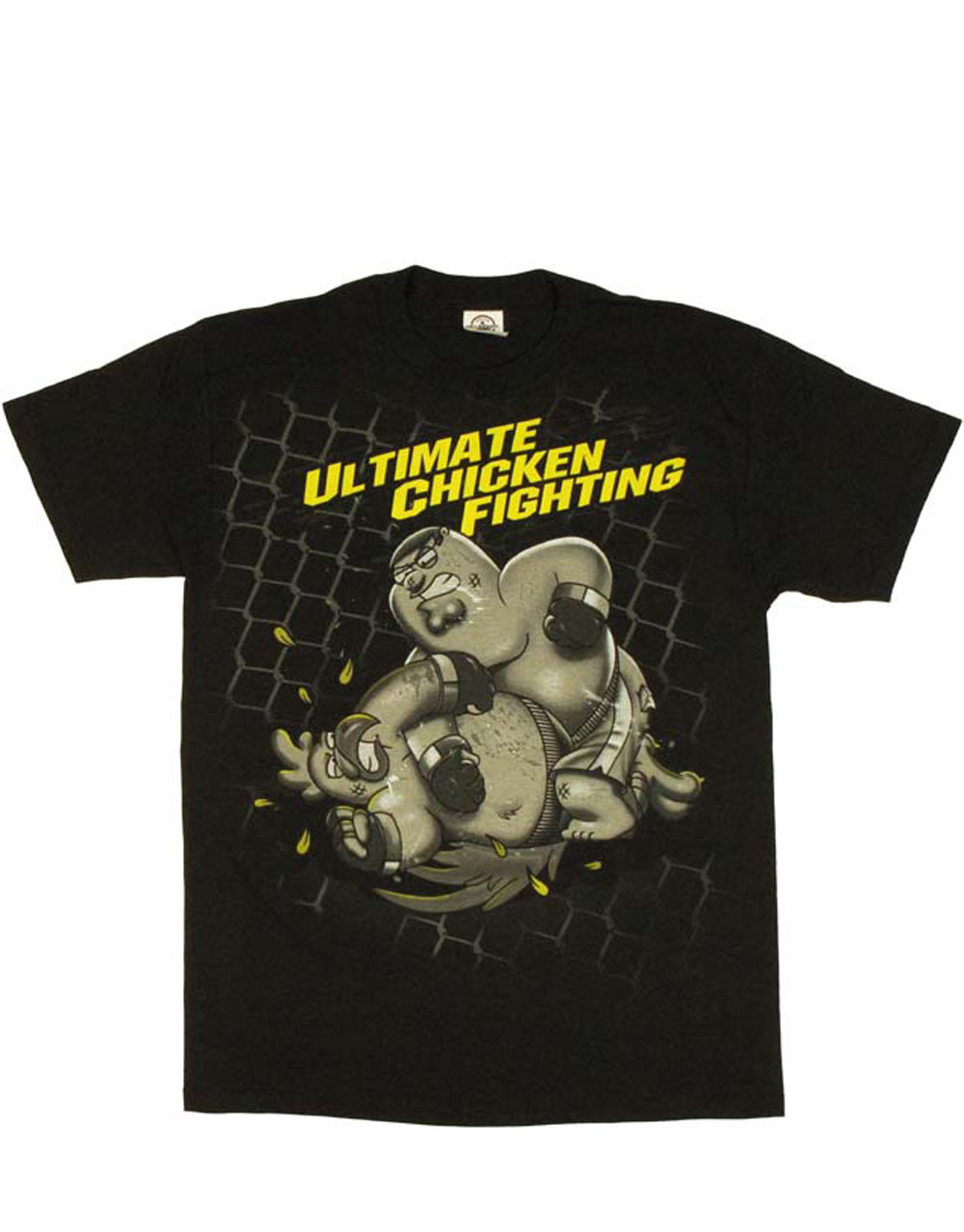 Peter Griffin vs chicken graphic on a black adult t-shirt.