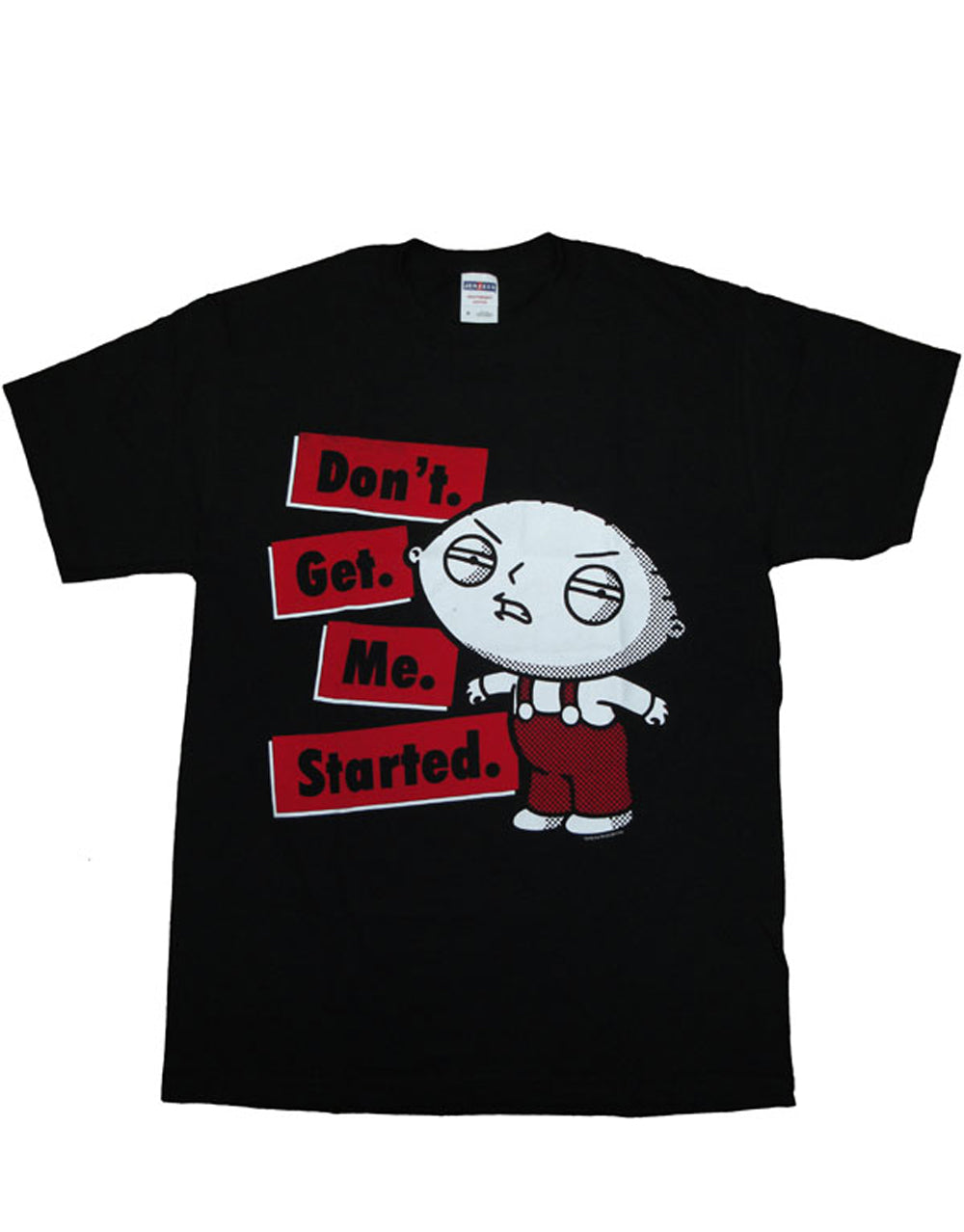 Stewie started graphic on a black adult t-shirt.