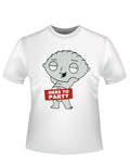 Stewie party graphic on a white adult t-shirt.