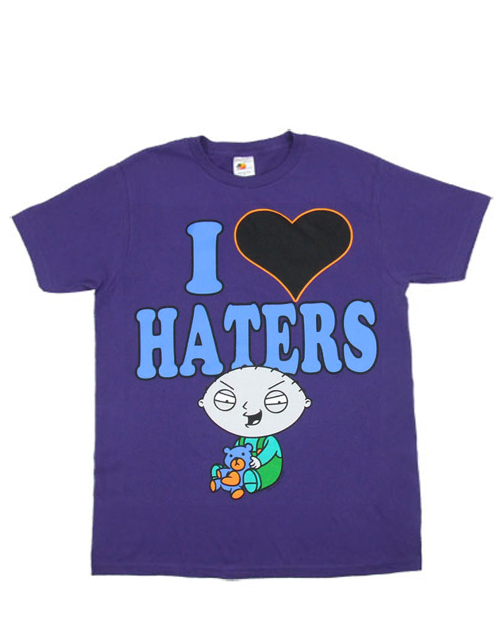 Stewie haters graphic on a purple adult t-shirt.