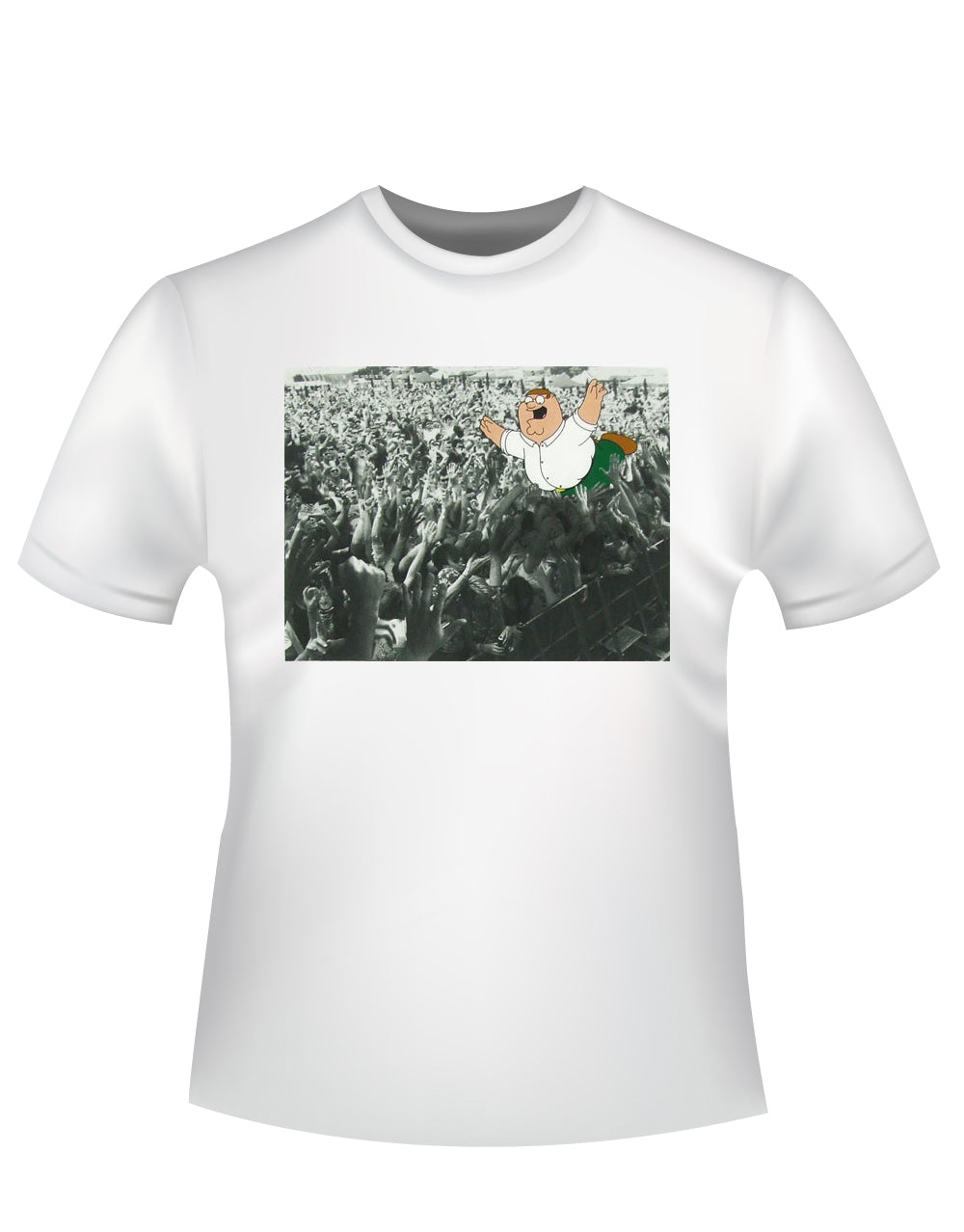 Peter Griffin crowd jump graphic on a white adult t-shirt.