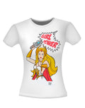 Girl power graphic on a white women's t-shirt.
