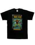 Iron Man birth of power graphic on a black adult t-shirt.