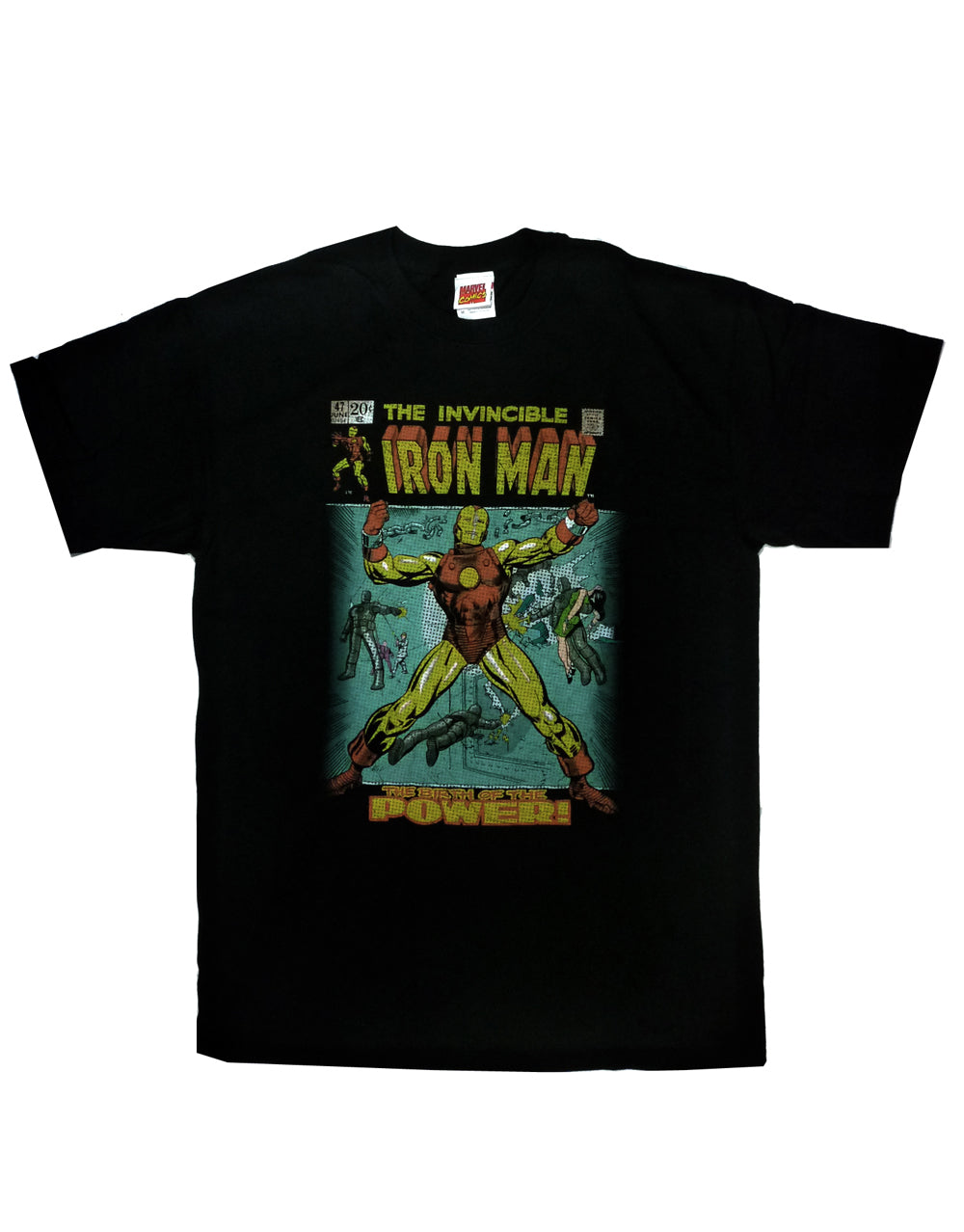 Iron Man birth of power graphic on a black adult t-shirt.