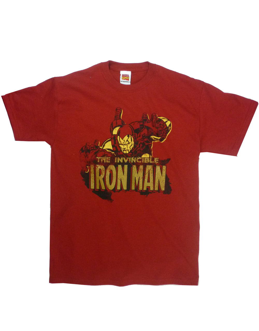 Iron Man invincible graphic on a red adult t-shirt.