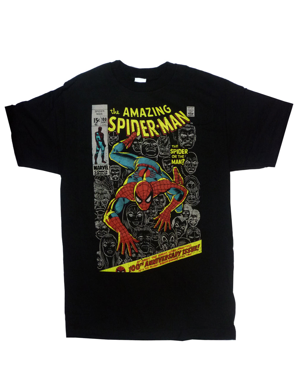Spider-Man 100th anniversary graphic on a black adult t-shirt.