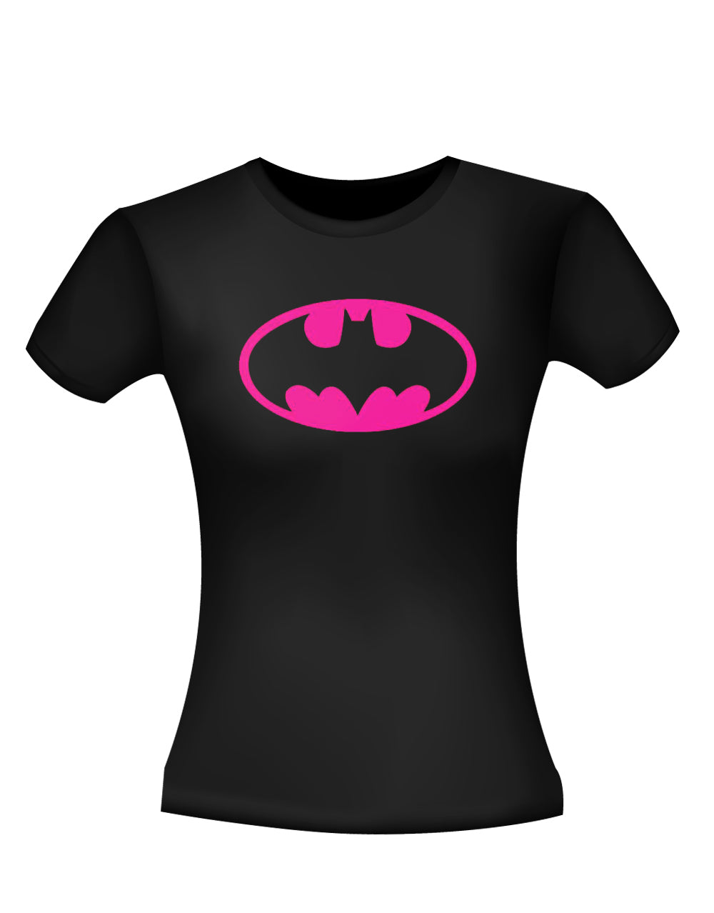 Batman pink logo graphic on a black women's t-shirt.