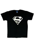 Superman silver foil logo graphic on a black adult t-shirt.