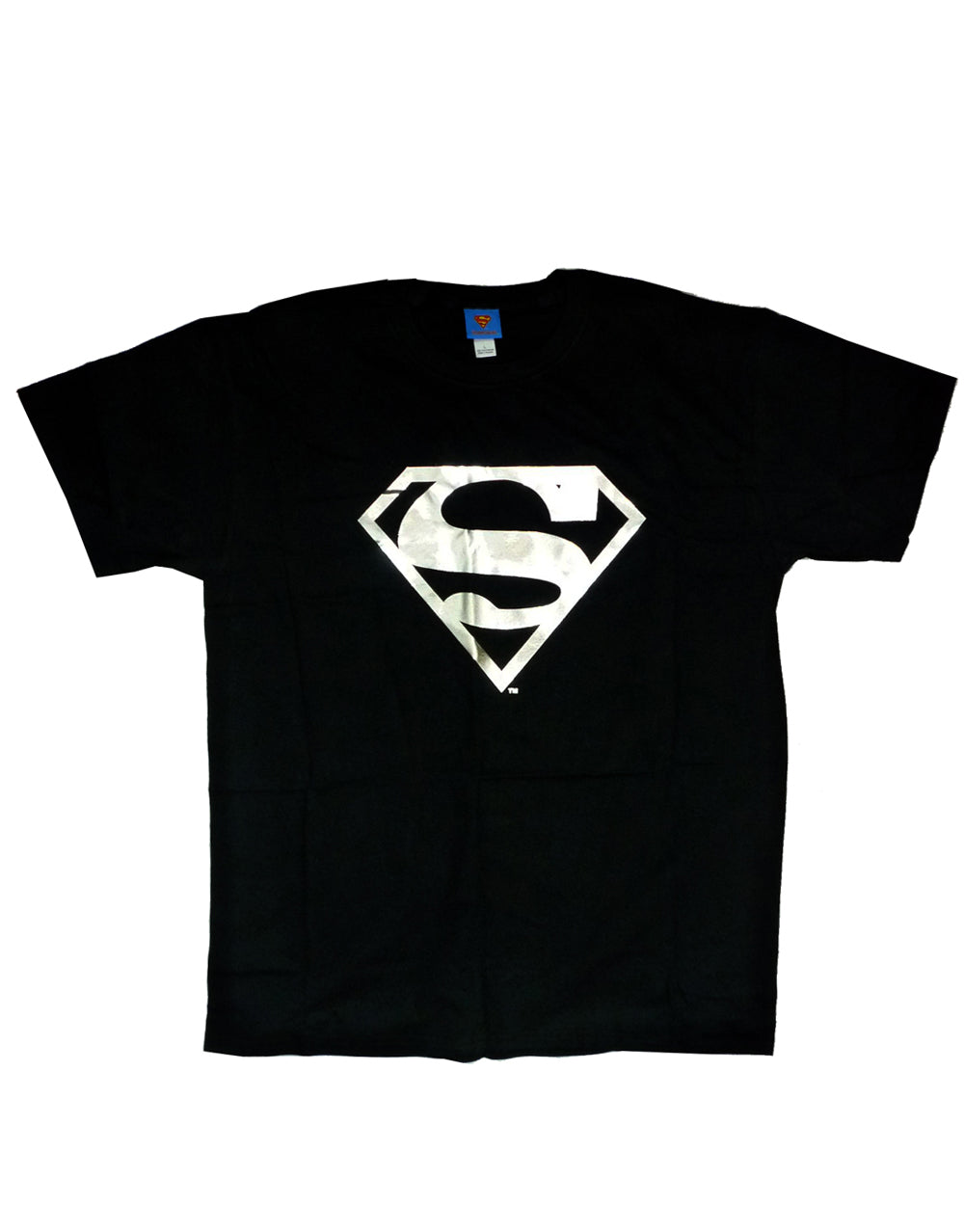 Superman silver foil logo graphic on a black adult t-shirt.
