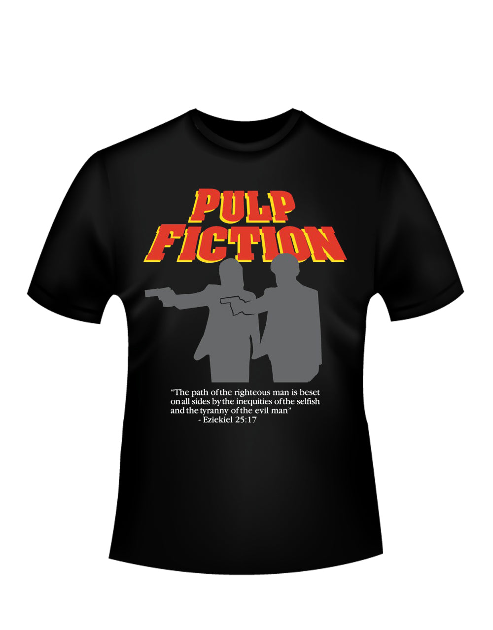 Pulp Fiction divine graphic on a black adult t-shirt.