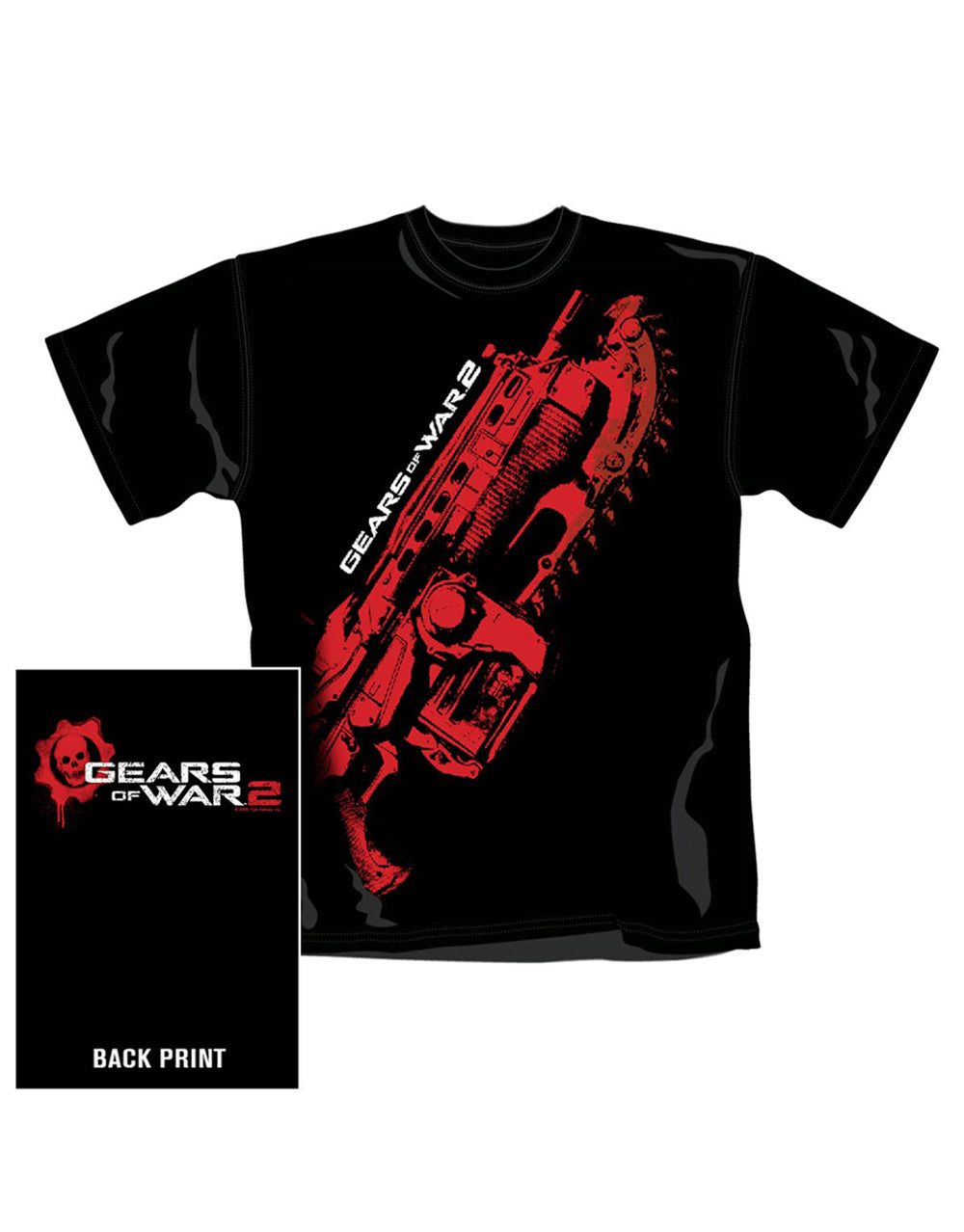 Gears of War 2 stained Lancer graphic on a black adult t-shirt.
