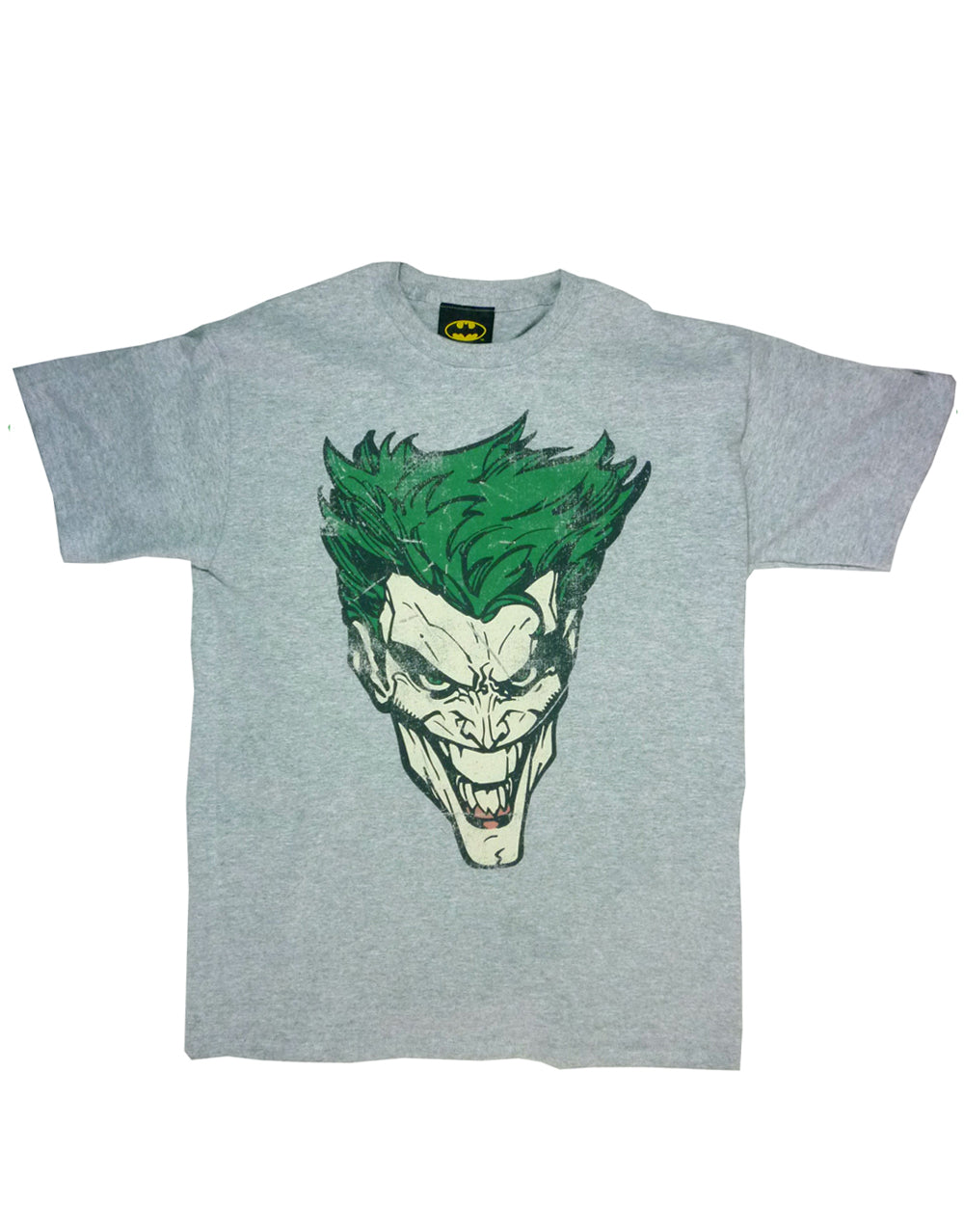 The Joker retro face graphic on a grey adult t-shirt.
