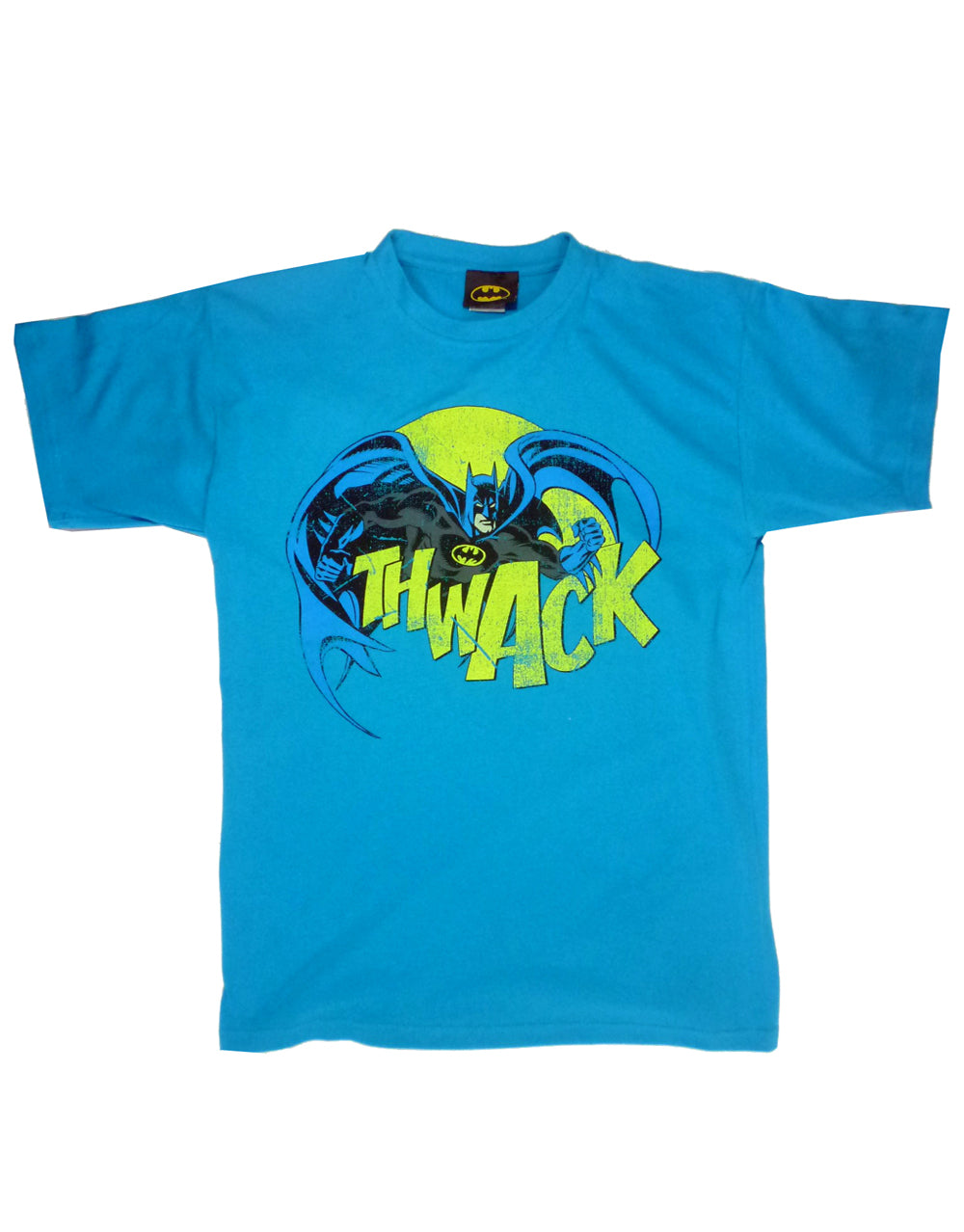Batman thwack graphic on a turquoise adult t-shirt.