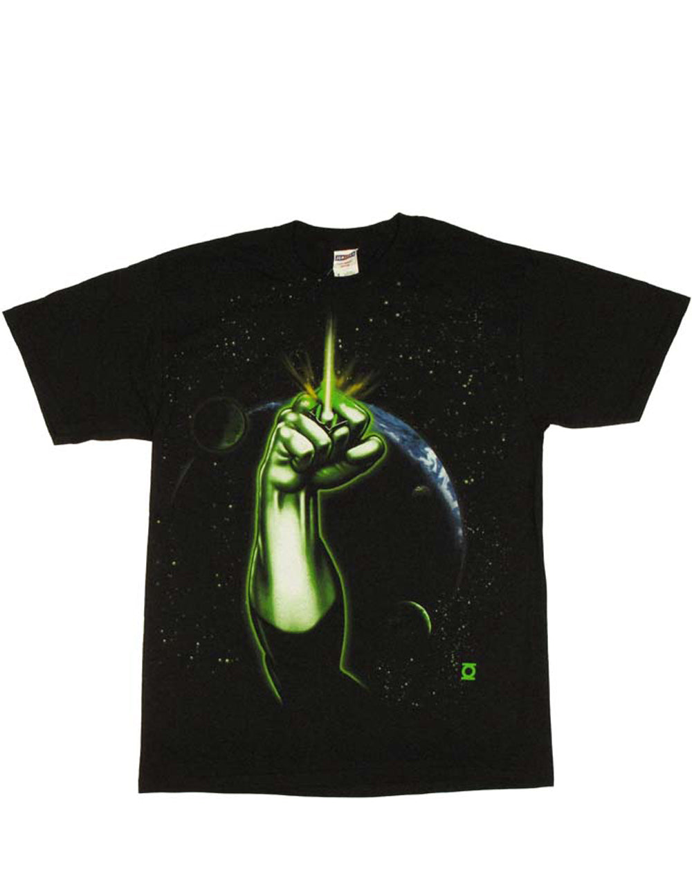 Lantern space fist graphic on a black adult t-shirt.
