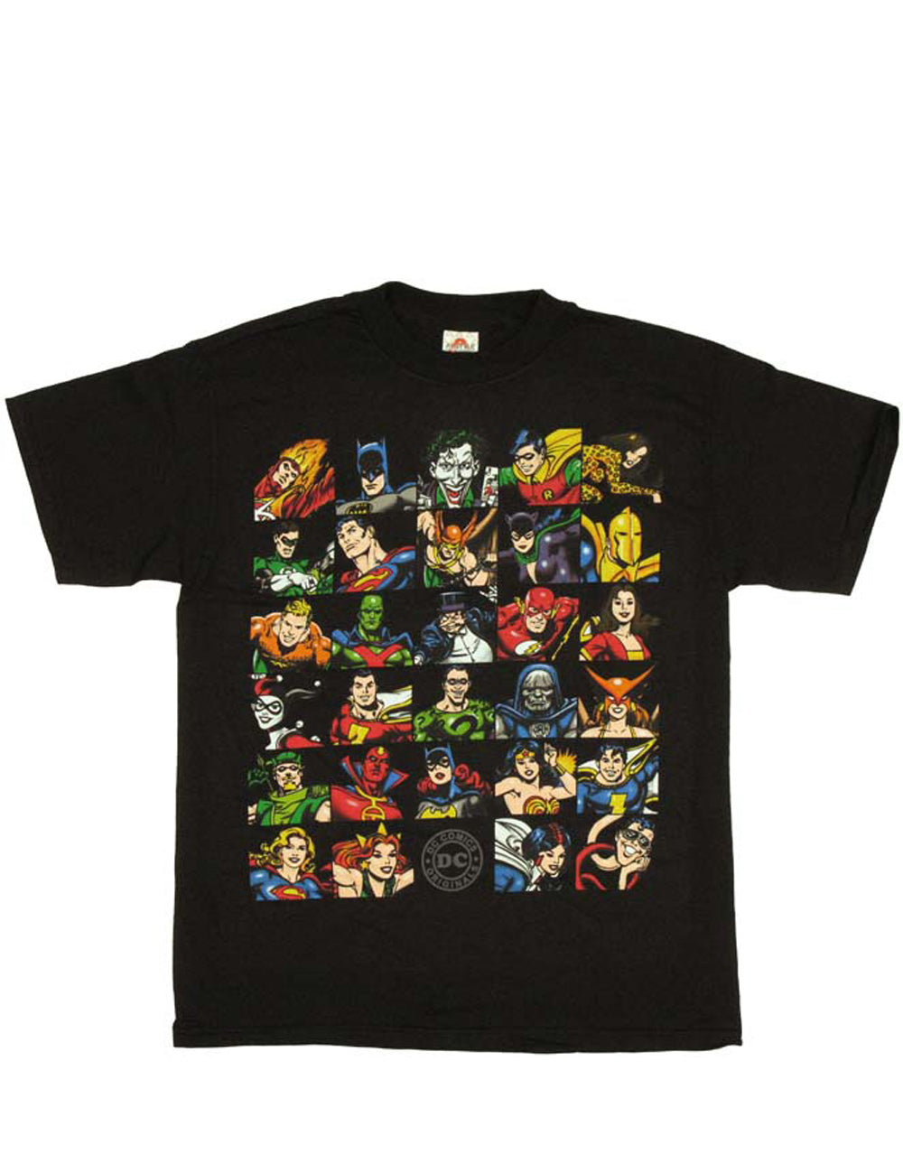 DC Universe graphic on a black adult t-shirt.