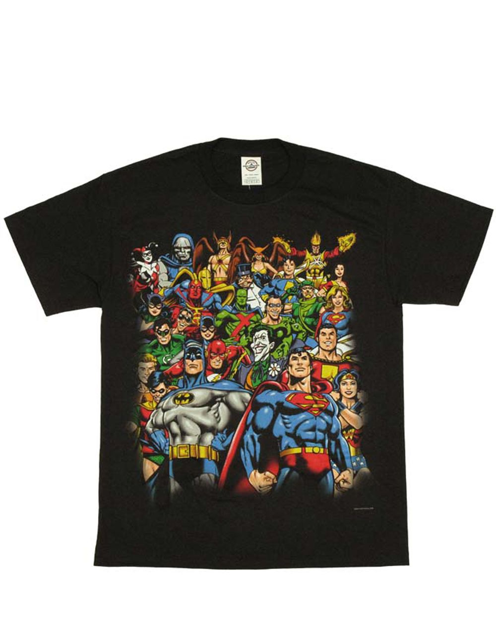 Justice League DC Comics heroes stacked DC graphic on a black adult t-shirt.
