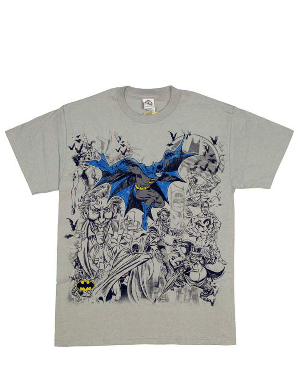 Batman sketch villains graphic on a grey adult t-shirt.