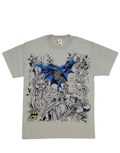 Batman sketch villains graphic on a grey adult t-shirt.