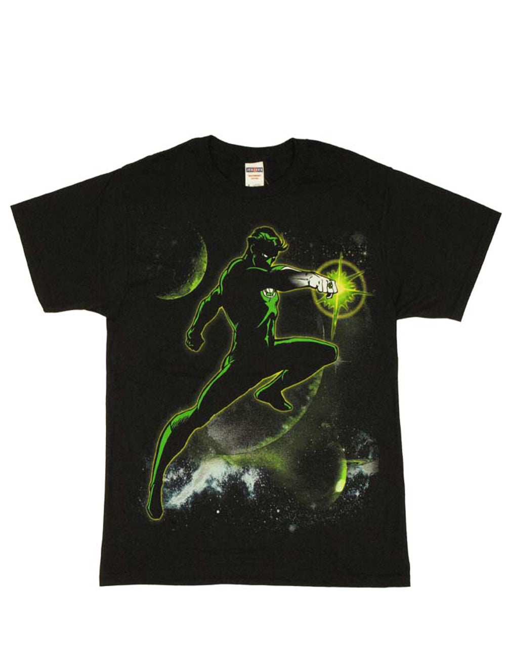 Space silhouette graphic on a black adult t-shirt.