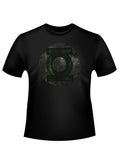 Lantern distressed logo graphic on a black adult t-shirt.