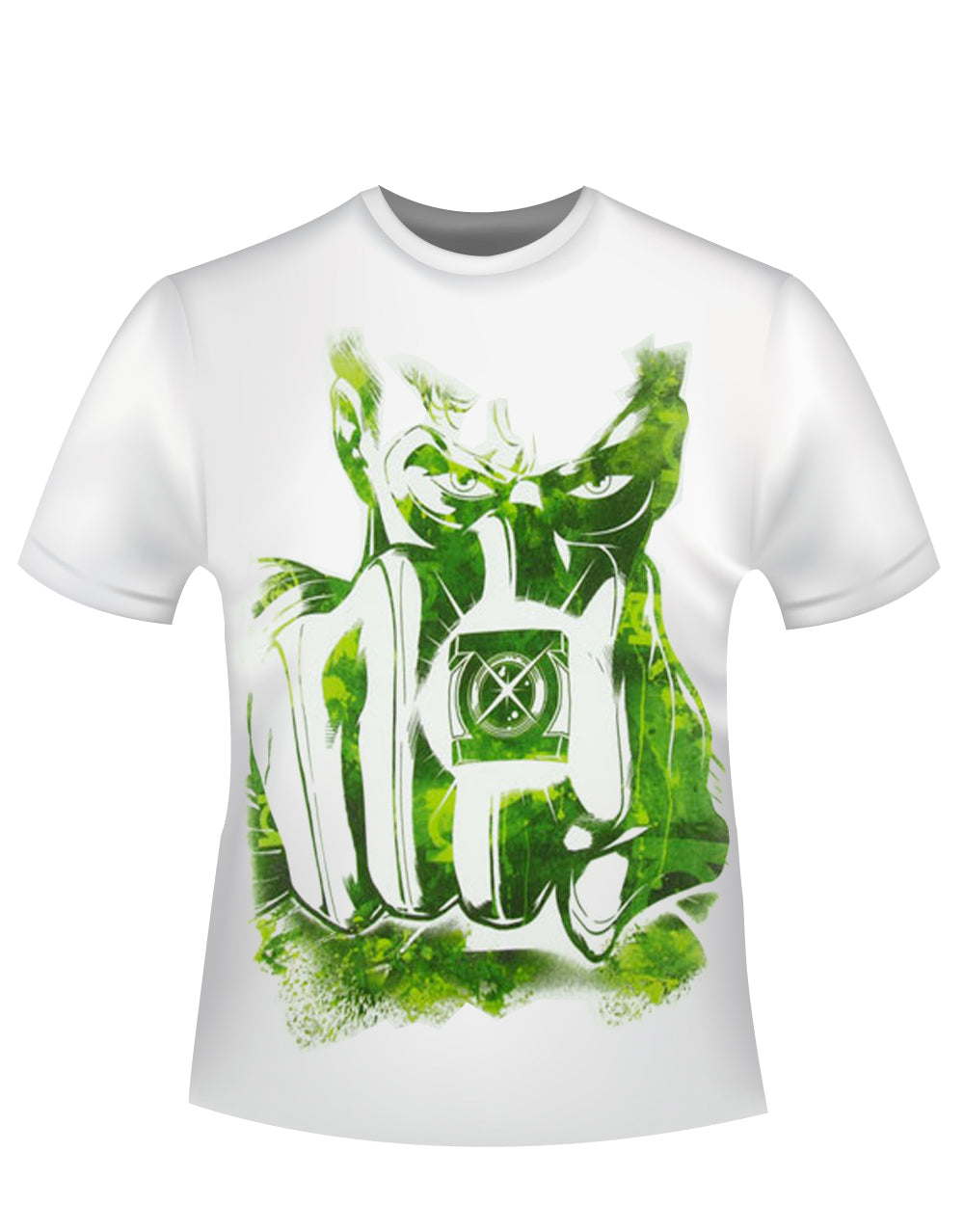 Lantern fist watercolour graphic on a white adult t-shirt.