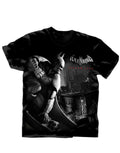 Batman avenge over city graphic on a black adult t-shirt.