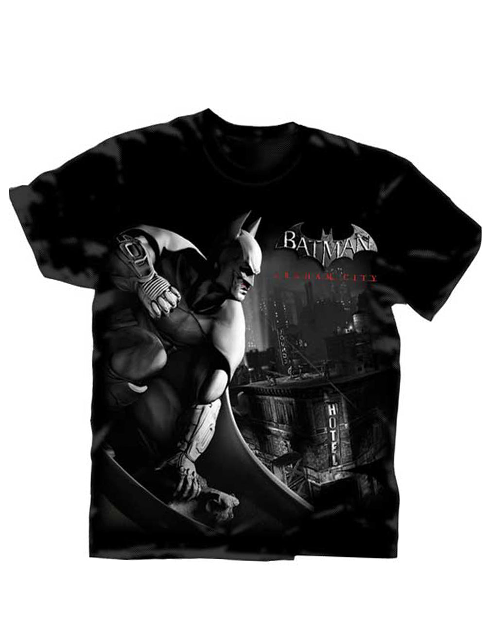 Batman avenge over city graphic on a black adult t-shirt.