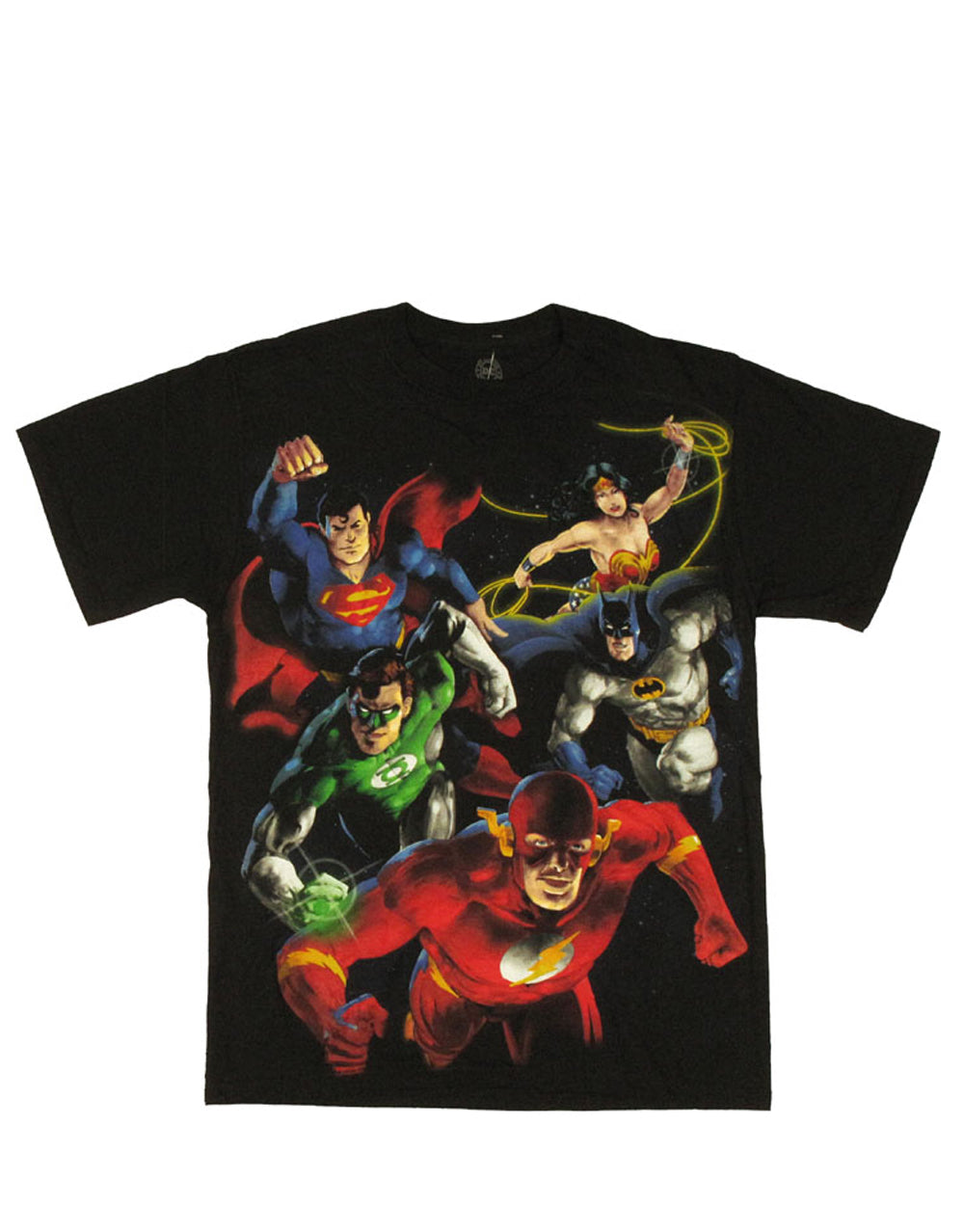 Justice League DC Comics painted DC graphic on a black adult t-shirt.