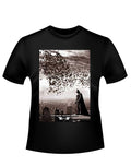 Dark Knight city bats graphic on a black adult t-shirt.