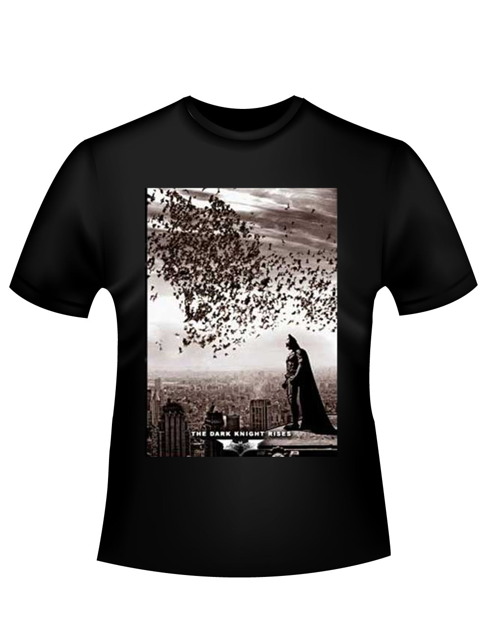 Dark Knight city bats graphic on a black adult t-shirt.