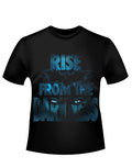 Dark Knight rise from darkness graphic on a black adult t-shirt.