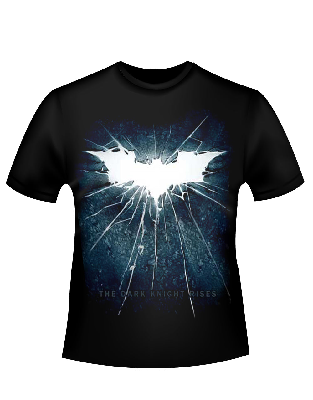 Dark Knight bold shattered logo graphic on a black adult t-shirt.