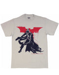Dark Knight spatter paint graphic on a grey adult t-shirt.