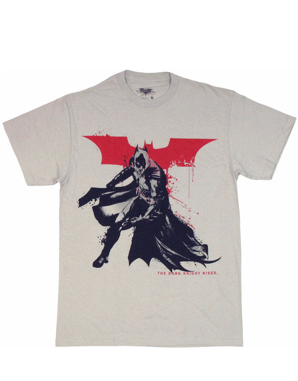 Dark Knight spatter paint graphic on a grey adult t-shirt.