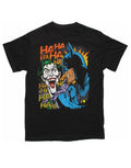 In your face Joker graphic on a black adult t-shirt.