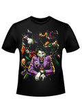 Villains with Joker graphic on a black adult t-shirt.