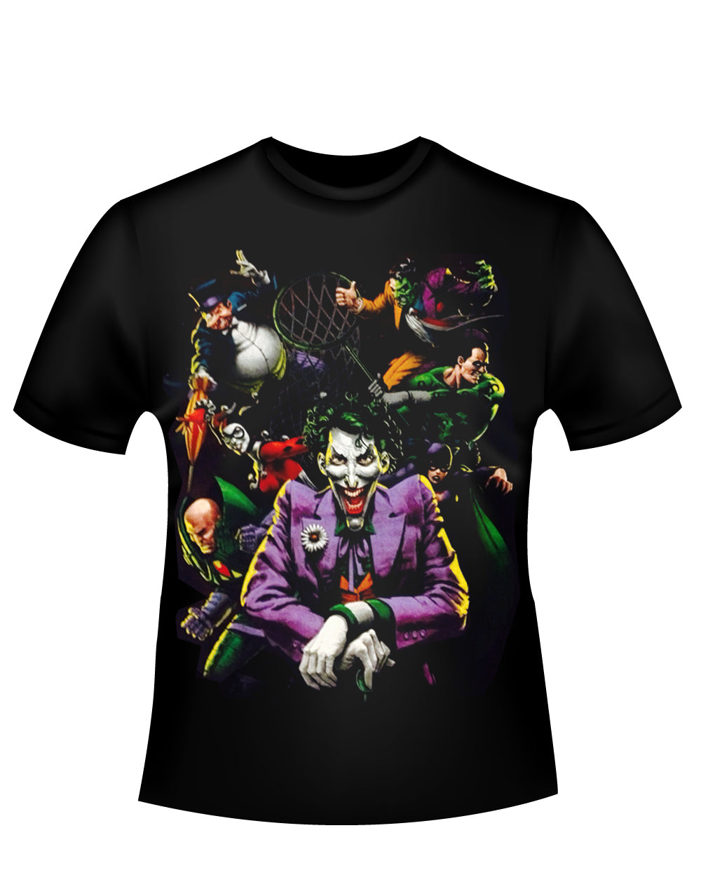 Villains with Joker graphic on a black adult t-shirt.