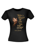 Twilight New Moon big bad wolf graphic on a black women's t-shirt.