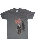 Saw bike graphic on a charcoal grey adult t-shirt.