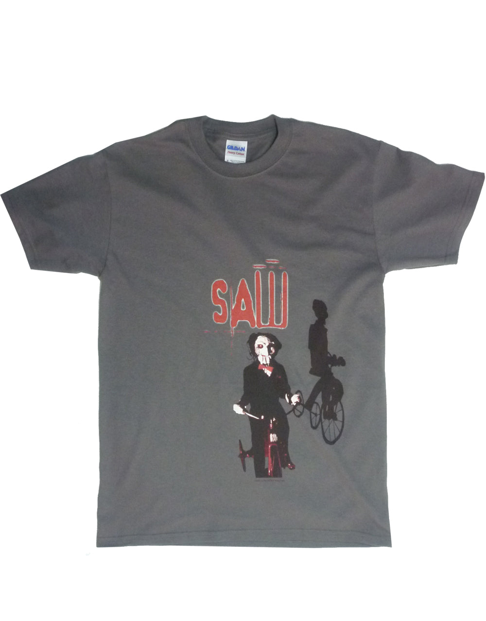 Saw bike graphic on a charcoal grey adult t-shirt.