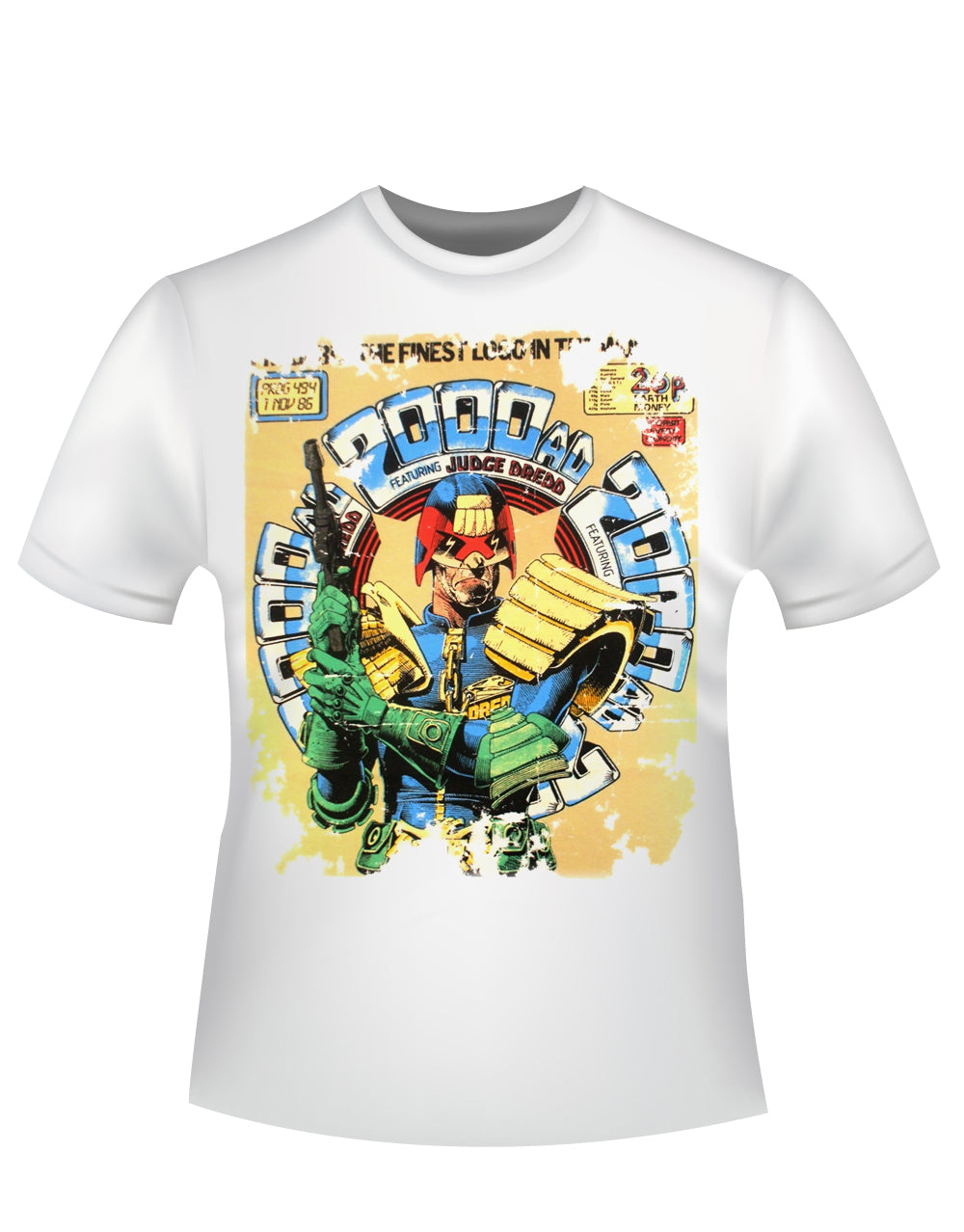Judge Dredd 2000 AD FT graphic on a white adult t-shirt.