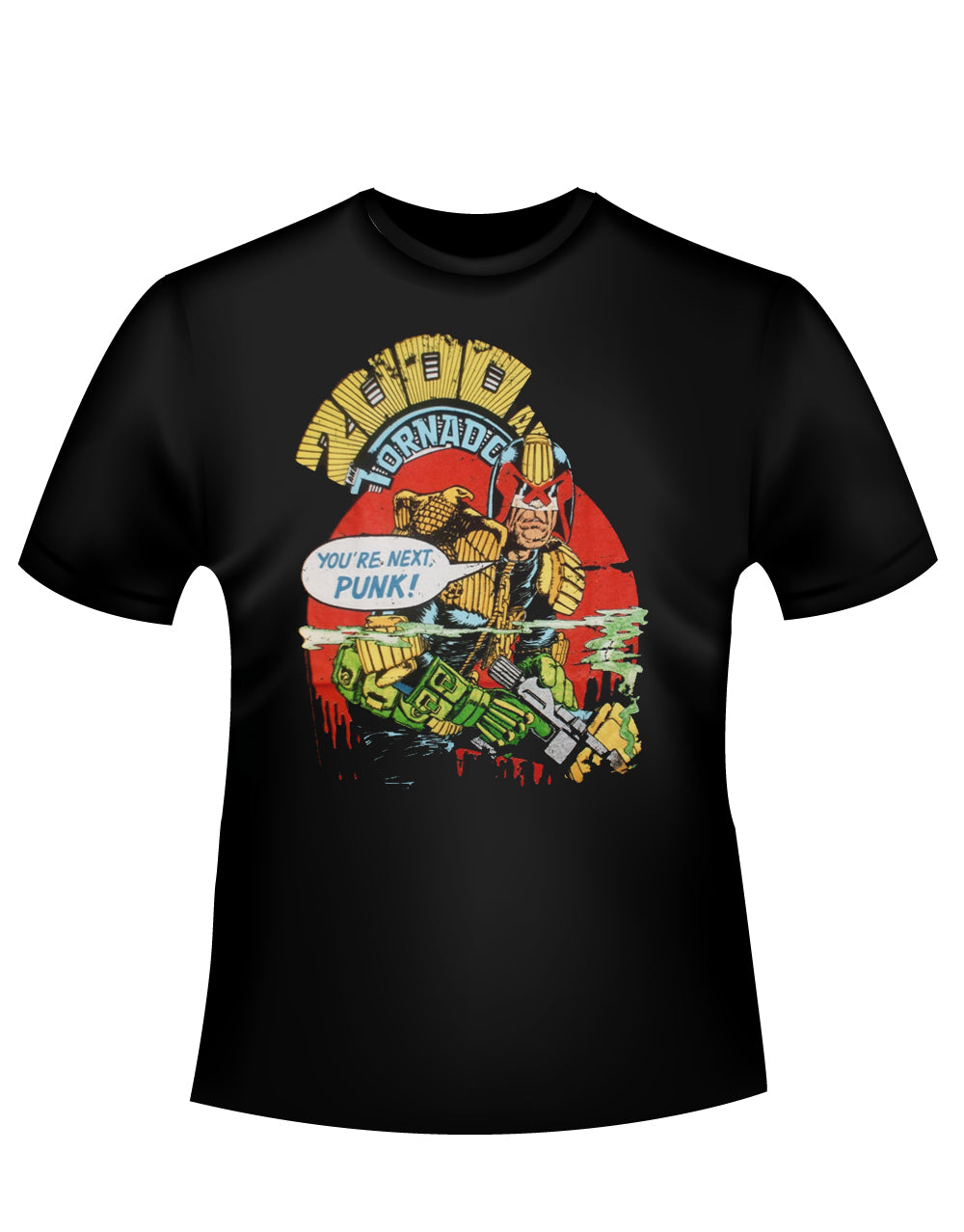 Judge Dredd your next punk graphic on a black adult t-shirt.