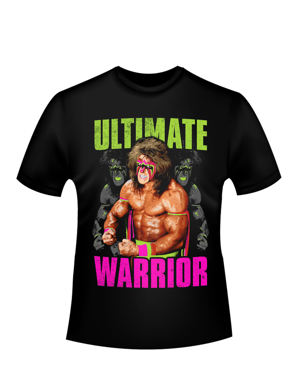 Ultimate Warrior WWE darkness graphic on a black adult t-shirt.