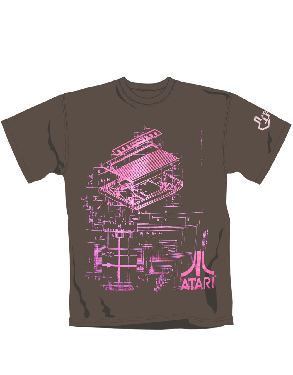 Atari exploded jet set graphic on a dark brown adult t-shirt.